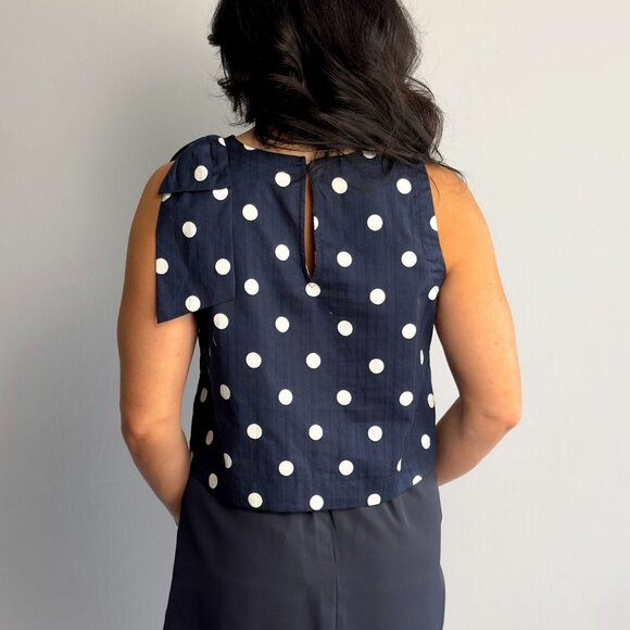 Women’s Navy Polka Dot Sleeveless Top – Bow-Shoulder Detail, Boxy Fit - Picture 4 of 8